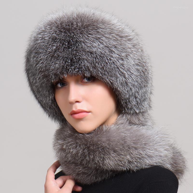

Berets Outdoor Natural Real Fur Women Winter Hat Scarf One Earmuffs, White