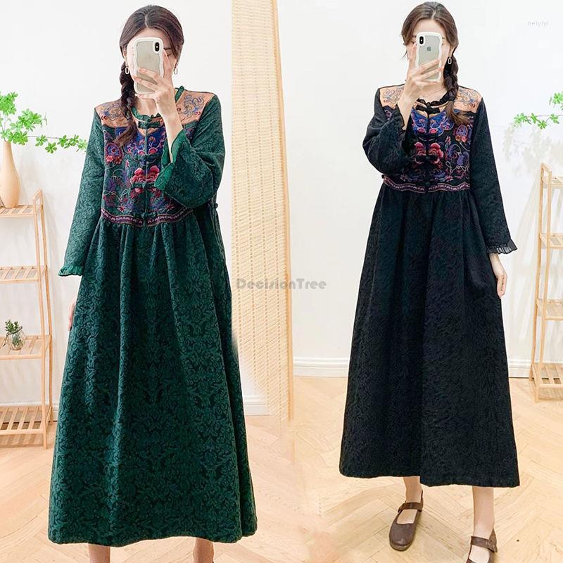 

Ethnic Clothing 2022 Autumn/winter Fashion Chinese Style Dress Women Round Neck Half Sleeve Vintage Buckle Embroidered Long