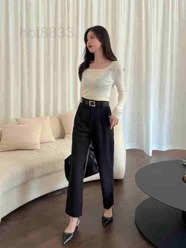 

Women' Pants & Capris designer high-end capable and frank OL wind high waist smoke pipe cut belt decorative tapered trousers URWM, Black
