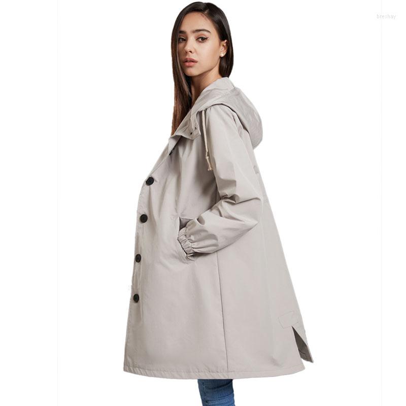

Women' Trench Coats Women' Fall Winter 2022 Women Waterproof Hooded Solid Color Casual Loose Long Windbreaker For Ladies Fashion, Black