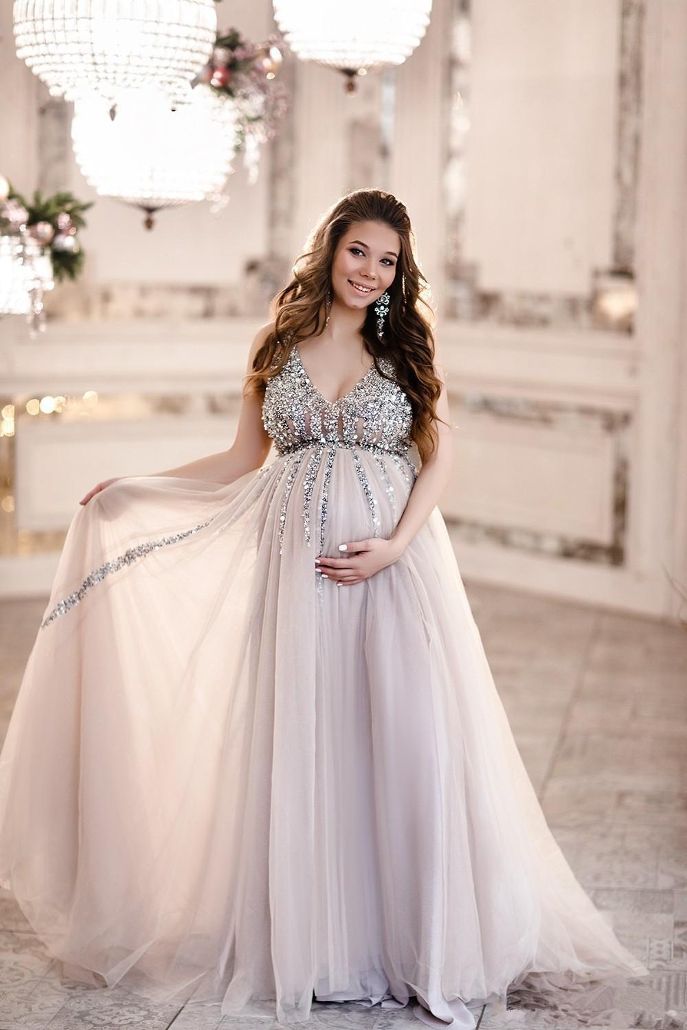 

2023 Prom Dresses Maternity Amazing Deep V Neck Illusion Crystals Beaded Empire Waist Tulle Sexy Women Dubai Pregnant Formal Party Evening Dress, Orange