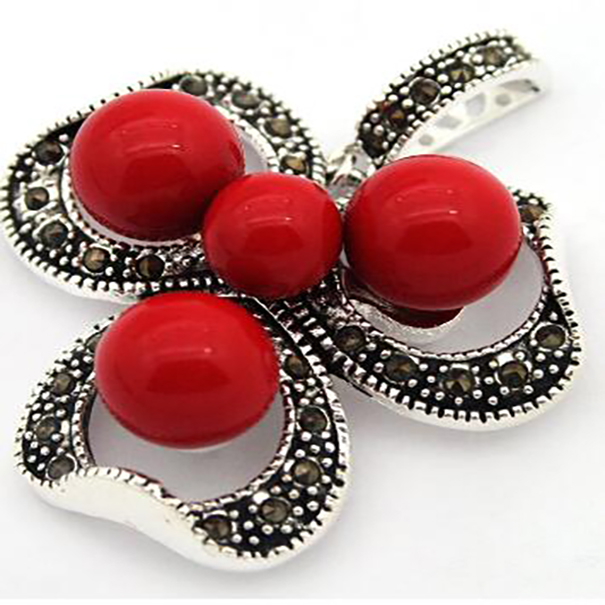 

vintage 925 silver red coral bead marcasite pendant 47x37MM necklace