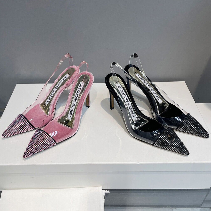 

AlexandreVauthie high heels women's formal wedding shoes fashion luxury pointed rhinestone patchwork transparent PVC design 8.5CM party dinner sandals size 35-40, Black