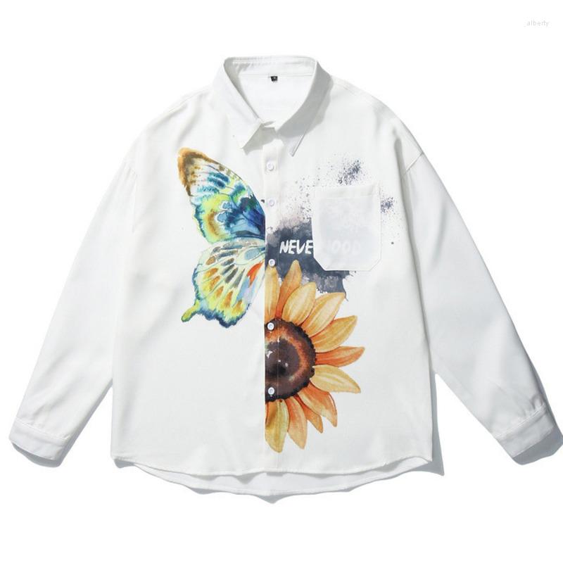 

Men's Casual Shirts Hip Hop Oversized Mens Blouses Butterfly Sunflower Dislocation Printed Streetwear Harajuku Loose Long Sleeve Man Tops, Black