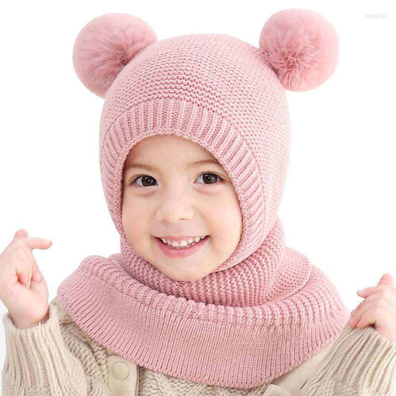 

Hats Winter Baby Hat PomPom Knit Kids And Scarf All In One Thickened Plush Beanie Solid Color Face Ear Protection Caps, Pink