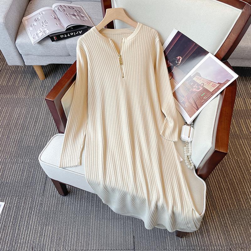 

Casual Dresses Autumn Winter Knitted Sweater Dress Women 2022 Fashion Hit Color Solid Zipper Hem Slim Bottom Office Lady, Black