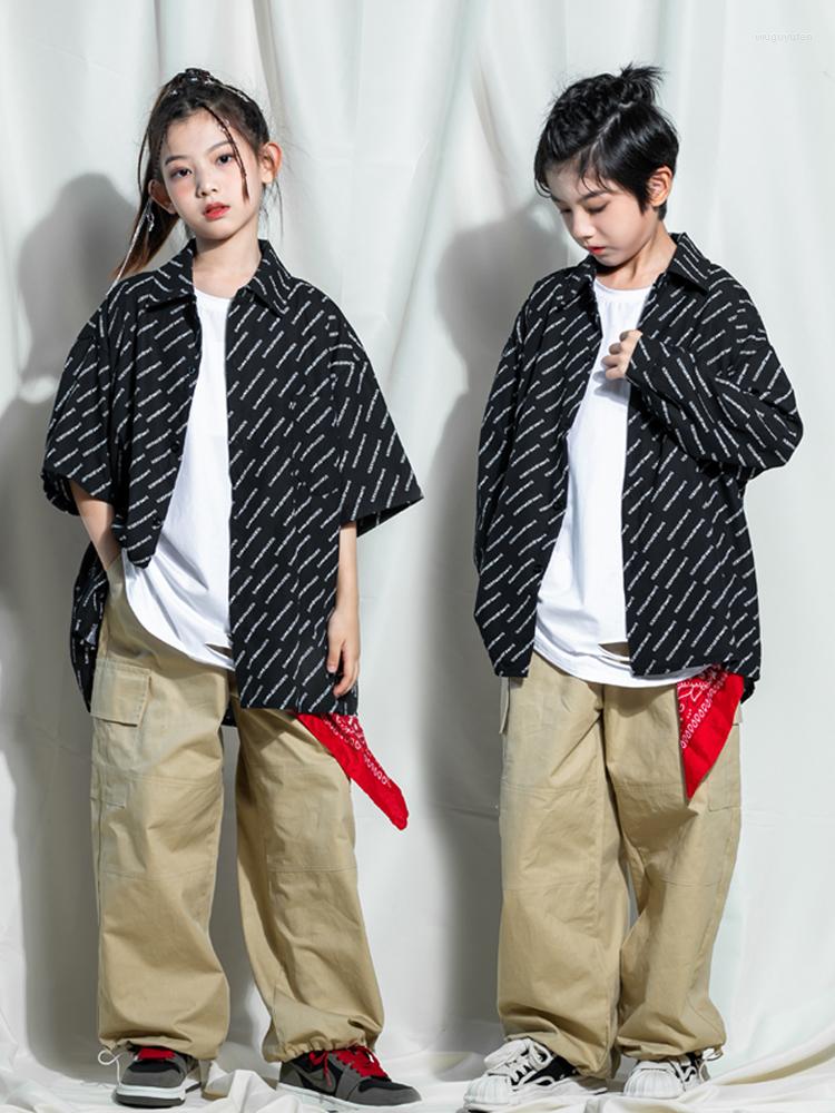 

Stage Wear Modern Hip Hop Dance Clothing For Kids Black Shirt Khaki Cargo Pants Boys Street Girls Jazz Concert Costume BL9155