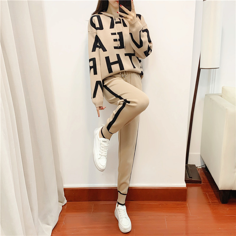 

Women's Two Piece Pants Fashion Autumn Women 2 Pieces Sets Casual Letter Print Patchwork Loose Knitted Sweater Sports Harlan Suits Spring 221207, Light green