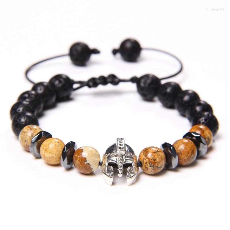 

Strand Natural Stone Spartan Mask Charm Braided Bracelet Adjustable Rope Length Bloodstone Picture Beaded For Brave Men Bracelets