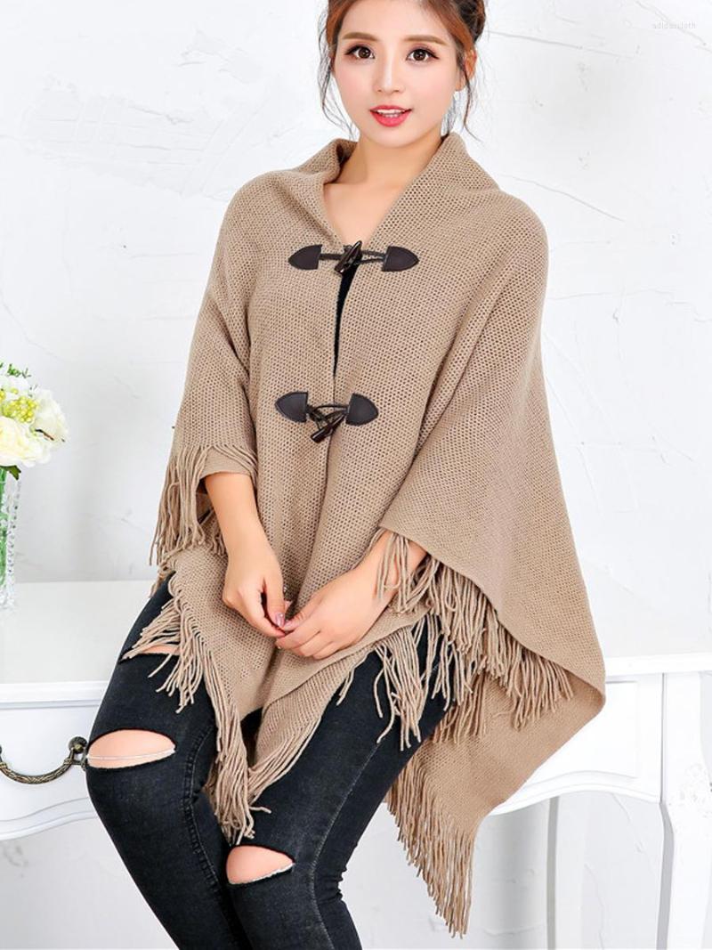 

Women's Knits Fall Spring Horn Buckle Loose Tassel Sweater Knit Sweatercoat Women Fashion Boho Knitting Long Cloak Poncho Cape Outfit, Black