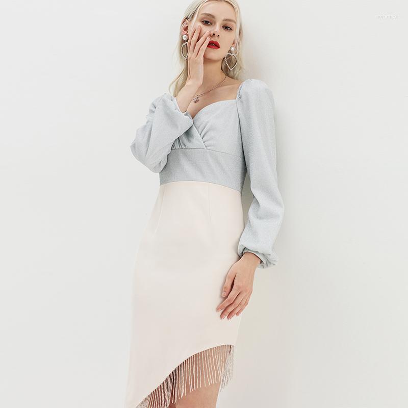 

Casual Dresses YIGELILA Fashion Patchwork Dress Square Collar Full Sleeves Lantern With Tassel Knee-length 65419, Blue