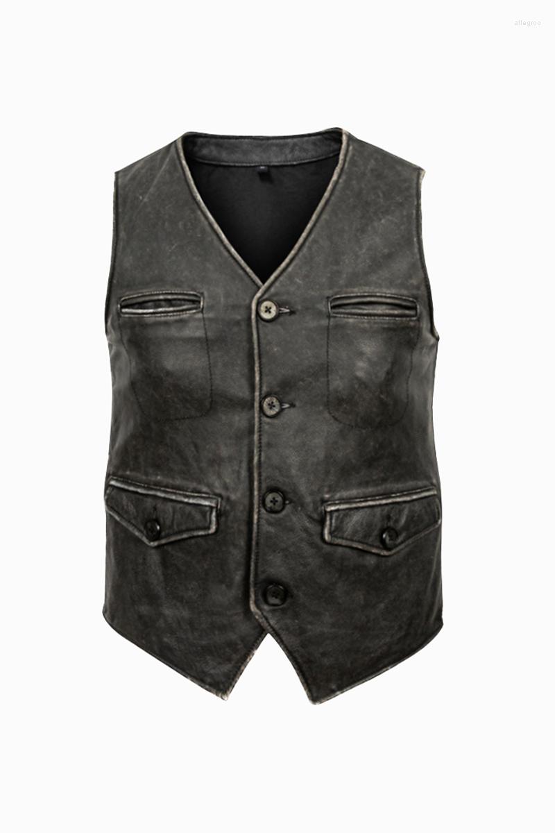 

Men' Vests List High Quality Clothes Vintage Old Genuine Leather Waistcoat With Cowhide Persional Fashion Jacket, Black