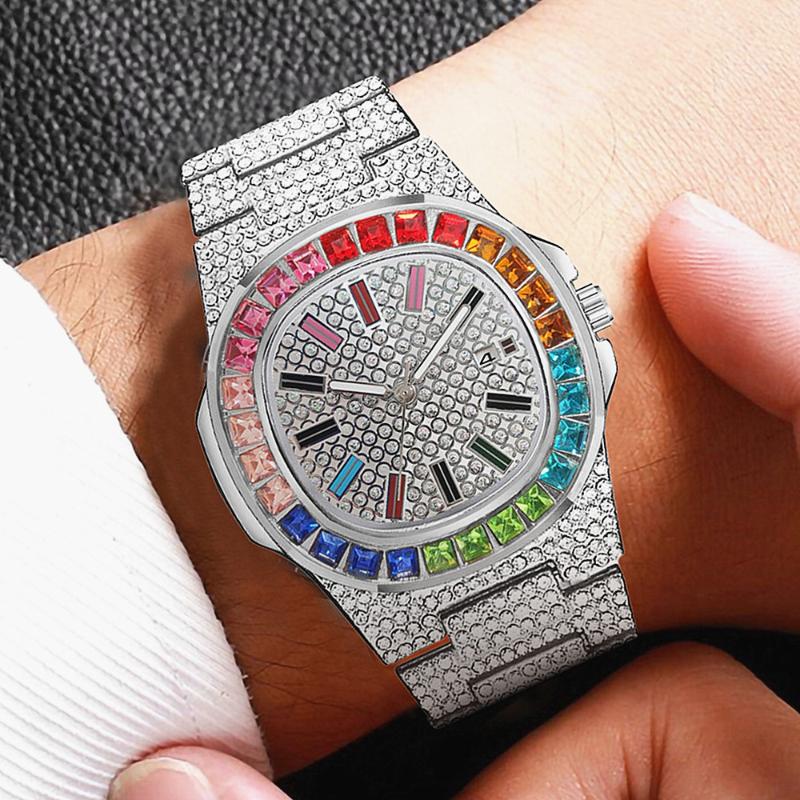

Wristwatches Multicolor Mens Watch Top Brand For Men Women Luxury Iced Out Gold Crystal Calendar Fashion Wrist Relogio Masculino, Man cai gold
