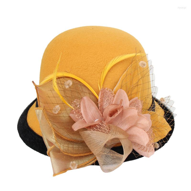 

Berets Autumn Winter Fedoras Hat For Women Elegant Vintage 3D Flower Wool Ladies Dome Felt Wedding Jazz Cap Female Bowler, No.7