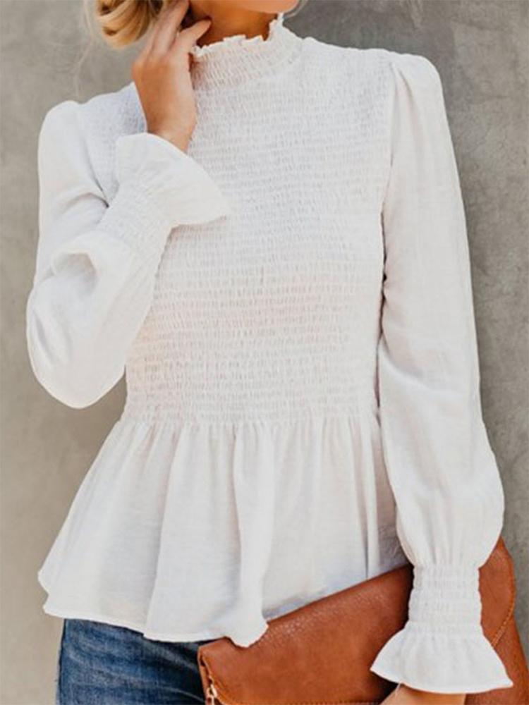 

Women' Blouses & Shirts Turtleneck Blouse Flared Sleeve Solid Color Ruffles Modified Sweet Beauty Casual Shirt Elegant 2022 Woman Long, White