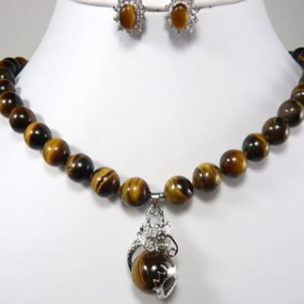 

8mm Tiger Eye Necklace egg EARRINGS Metal Silver Plated Jewelry Set