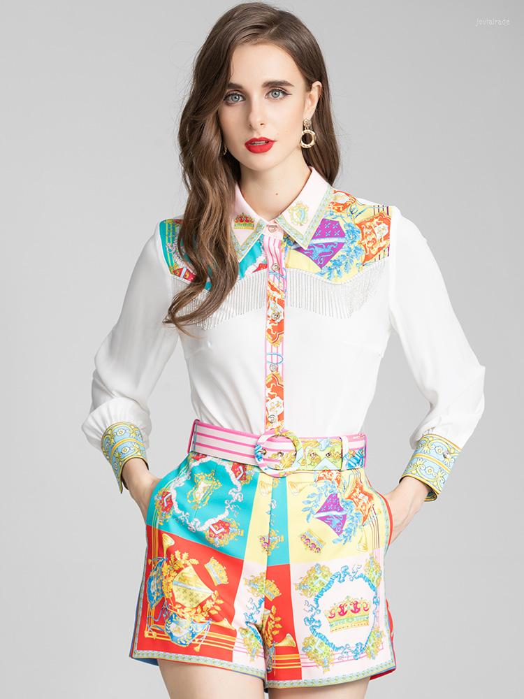 

Women' Tracksuits MoaaYina Fashion Designer Autumn Shorts Suit Women Turn-down Collar Single-breasted Shirts And Sashes Print 2 Pieces Set, Multi