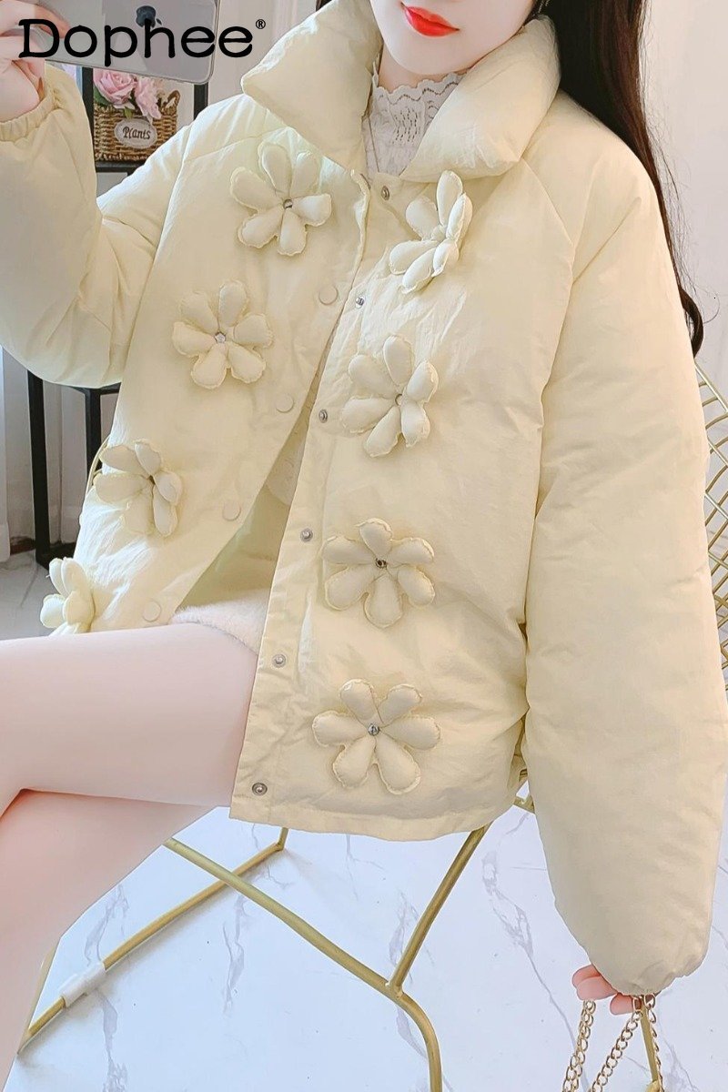 

Women's Down Parkas Elegant Lapel Long Sleeve Three Dimensional Flower Cotton Padded Coat for Women Winter Clothes Thickened Cotton Jacket 221207, Yellow