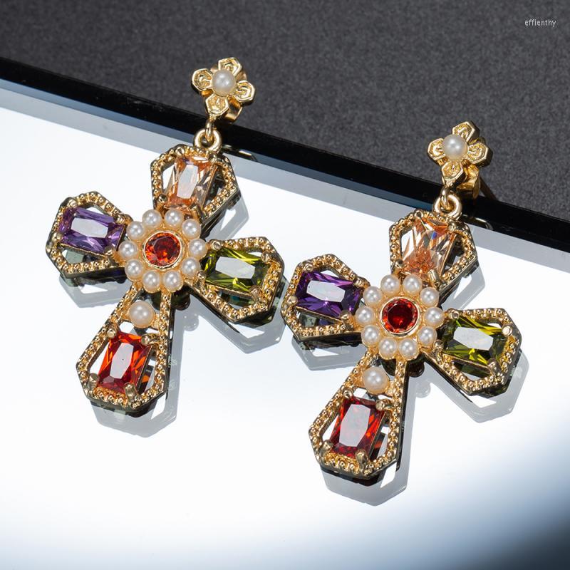 

Dangle Earrings Women's Exquisite Luxury Female Jewelry Gift Multicolor Crystal Cross With Imitation Pearls