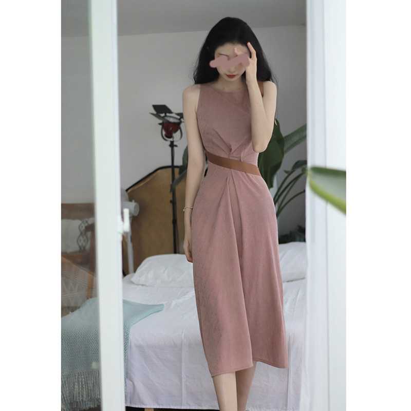 

Casual Dresses Round Neck Pink Temperament Commuting Asymmetric High-Quality Strapping Solid Color Waist Dress Mid-Length A-line SkirtCasual