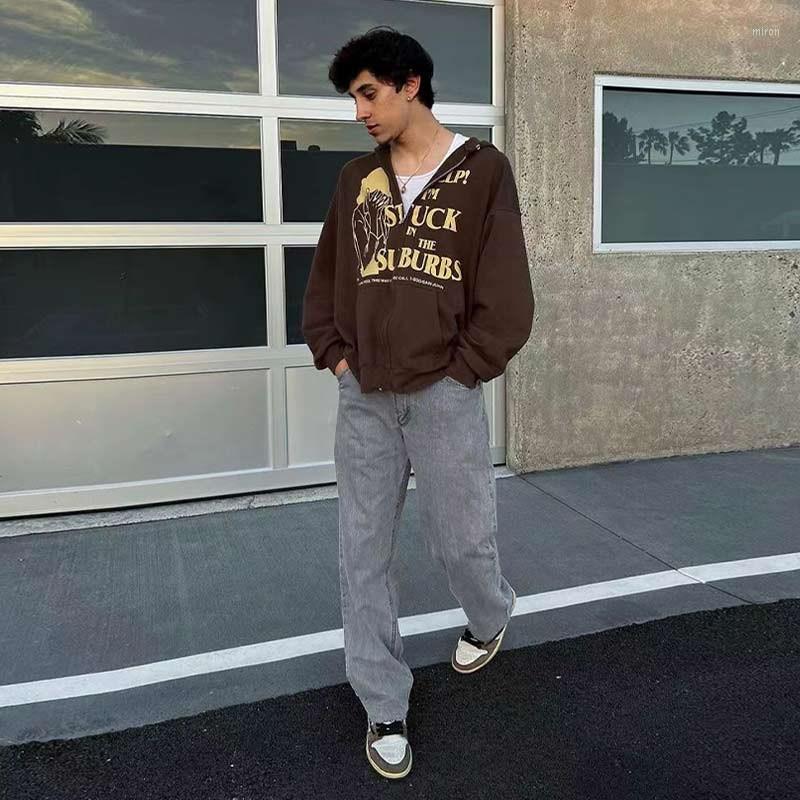 

Men's Hoodies Vintage Y2k Brown Cardigan Original Overnight Zipper Hoodie Men's Clothing Hip Hop Autumn Winter High Street Oversize
