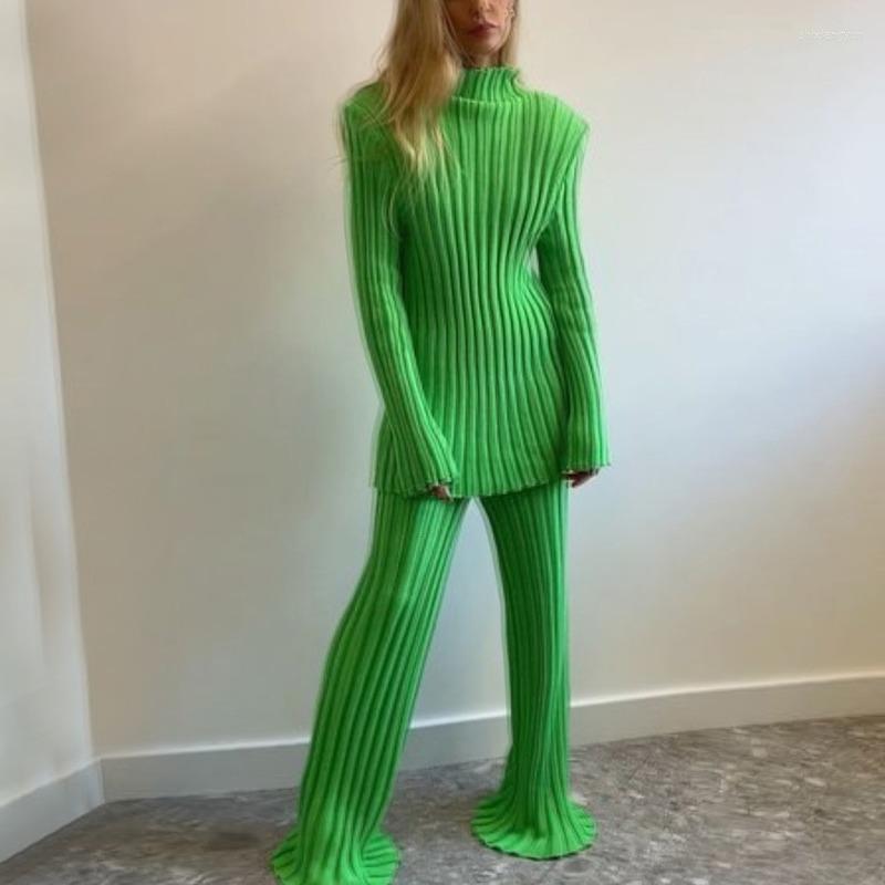 

Women' Sweaters Green Knitted Pullovers 2022 Winter Pants Suit Sweater Two Pieces Set Solid Knit Shoulder Pad Top Fashion Casual Autumn