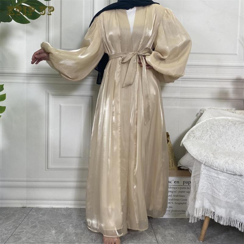 

Ethnic Clothing Saudi Arabia Muslim Fashion Arab Shiny Silk Net Color Elastic Lantern Sleeve Lined Cardigan Abaya Turkey Islamic