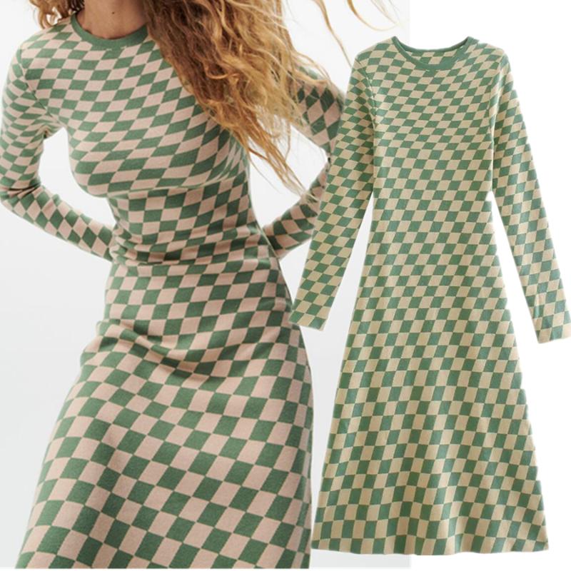 

Casual Dresses Jenny&Dave Ins Dres Blogger Vintage Plaid O-neck Vestidos Knitted Sheath Midi Women Sexy Long Winter Dress Fashion