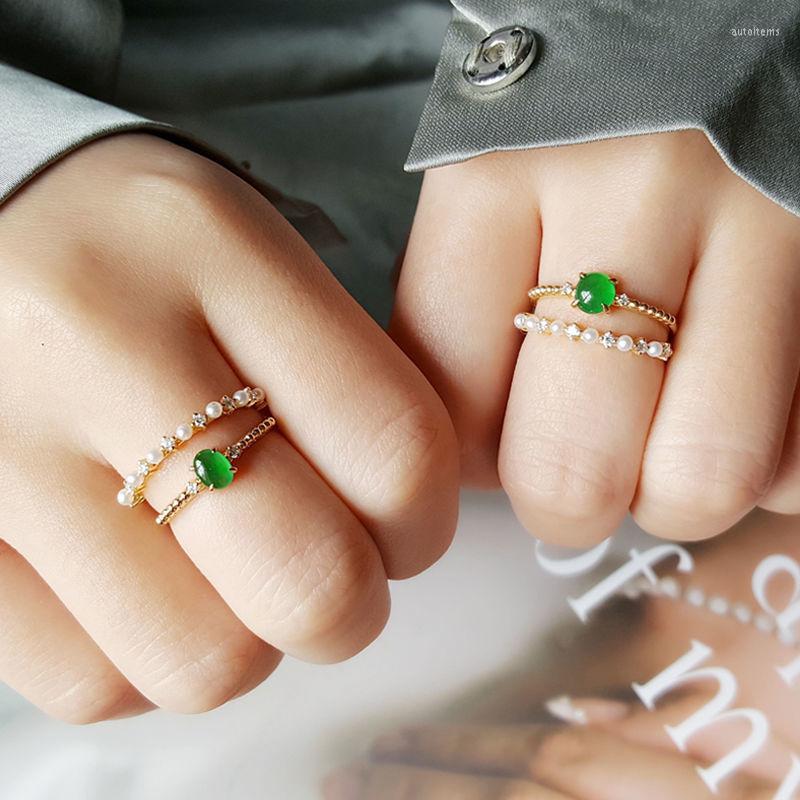 

Cluster Rings Natural Chalcedony Egg Face Silver Inlaid Pearls Stacked Wind Double-layer For Women Adjustable Light Luxury Jewelry