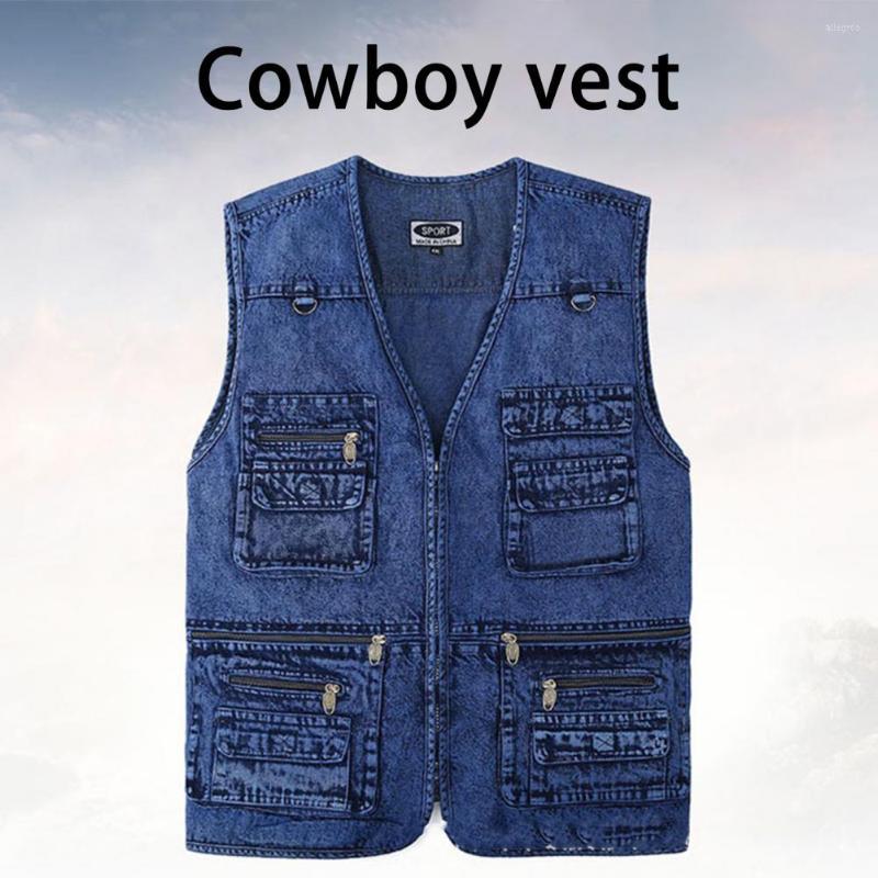 

Men's Vests Vest Outerwear Fine Stitching Cool Dressing Pure Color V Neck Denim For Fishing, Blue