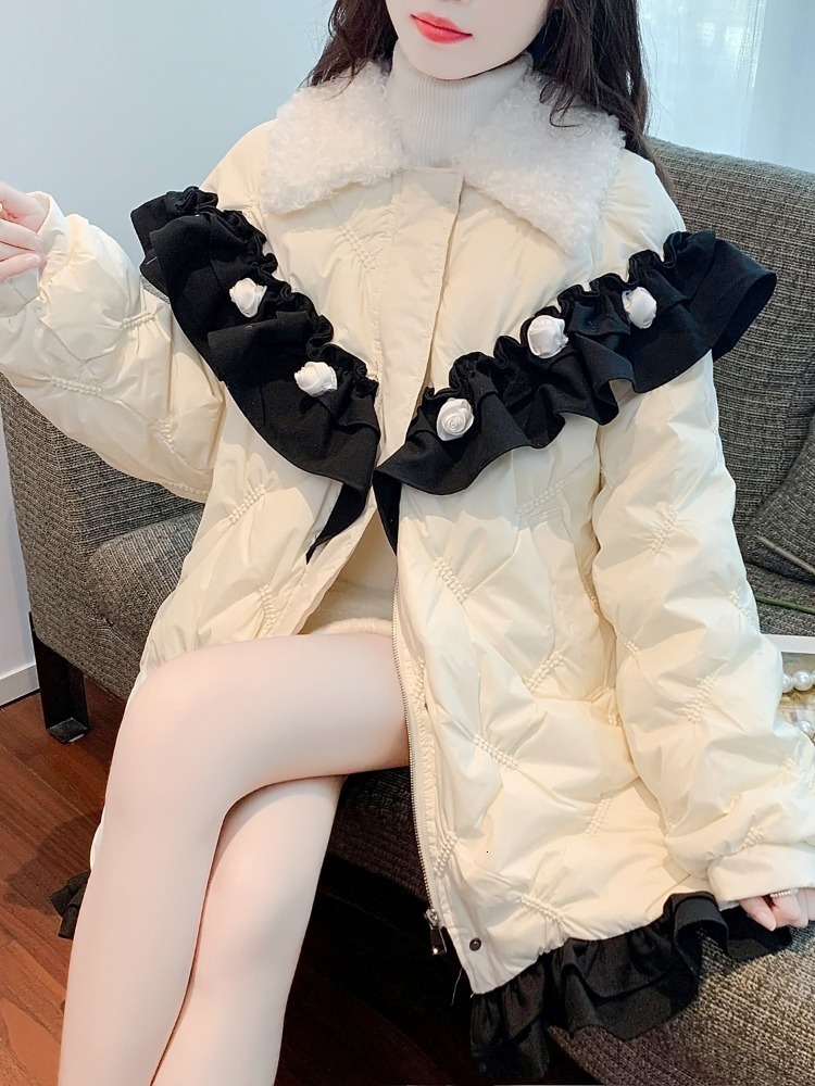 

Women' Down Parkas 2023 Winter Black Plaid Jacket for Women High Quality Cute Doll Collar Thick Warm Mid Length Cotton Coat 221207