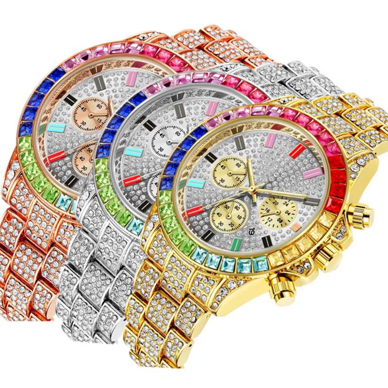 

Wristwatches Watches For Men Luxury Hiphop Full Iced Out Watch Gold Colorful Rhinestone Hip Hop Quartz Wristwatch Relogio Masculino, Arose