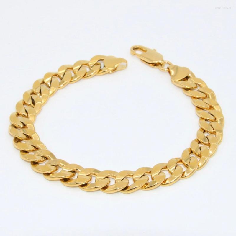 

Link Bracelets 9mm Wide Flat Smooth Wrist Chain Women Men Bracelet Solid 18k Yellow Gold Filled Classic Jewelry Gift 21cm Long