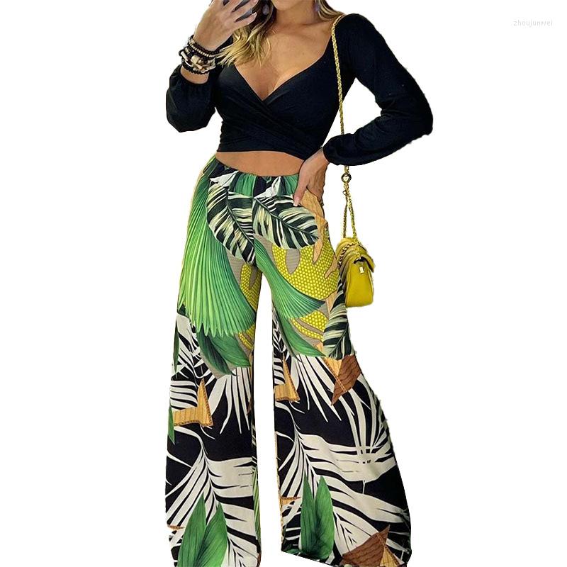 

Women' Two Piece Pants 2022 Fashion Casual Suit Women' Spring And Autumn V-Neck Long-Sleeved Top Printed Wide-Leg Two-Piece Set