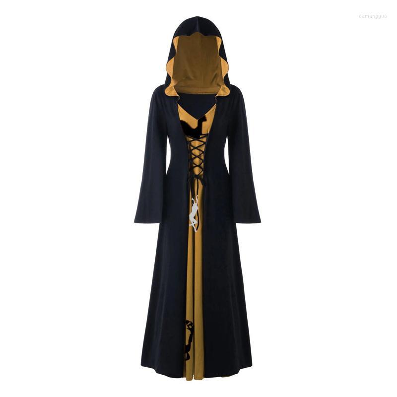 

Casual Dresses Fashion Women Punk Gothic Hooded Stitching Printed Long Sleeve Dress Robe Jackets Loose Streetwear, Khaki