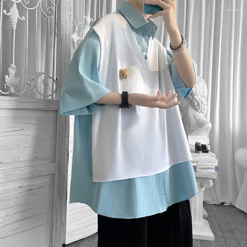 

Men' Casual Shirts Fake Two-piece Short-sleeved Shirt Men Women Summer Korean Trend Stitching Bear Design Hong Kong Style Kawaii Student, Black