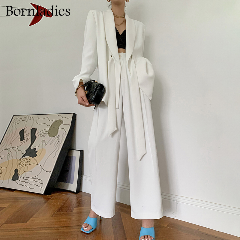 

Women's Two Piece Pants Bornladies Women Set Lapel Collar Long Sleeve Loose Belt Blazer Coat High Waist Legs Adjustable Female Casual 221207, White pants