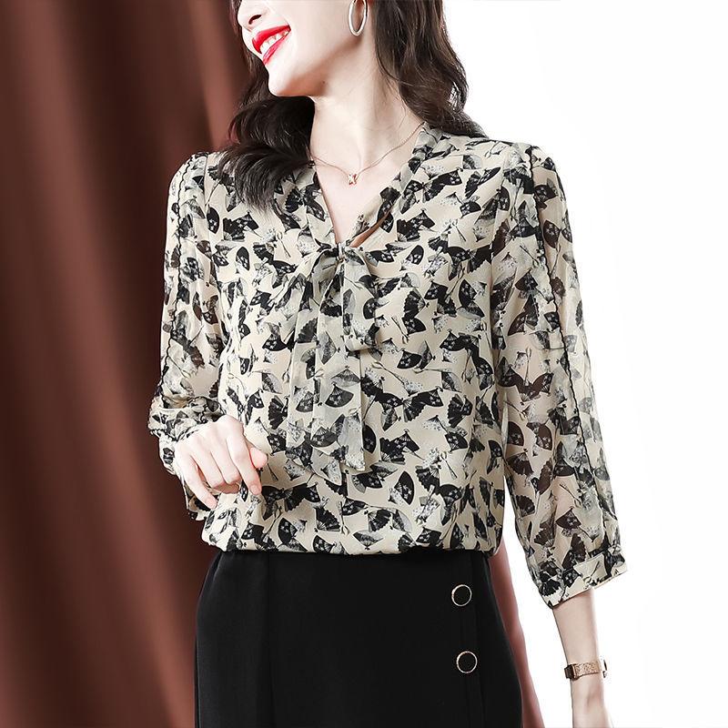 

Women' Blouses & Shirts Silk Shirt Ladies 2022 Spring Design Small V-neck Floral Chic Top Women Blouse Chiffon O-Neck PrintWomen, Khaki