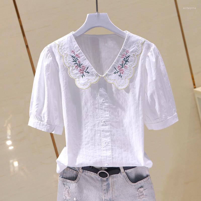 

Women' Blouses Embroidery White Women Shirts Summer Design 2022 Turn-Down Collar Puff Sleeved Slim Elegant Female Clothing Top Quality, Blue