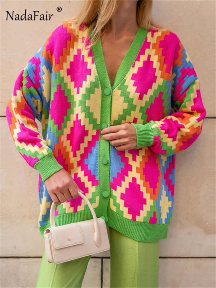 

Women' Knits Tees Nadafair Milti Patterned Cardigan Women Fashion Autumn Winter Sweater Loose Casual Oversized Knitwear V Neck Warm In 221207, Yellow fqt884