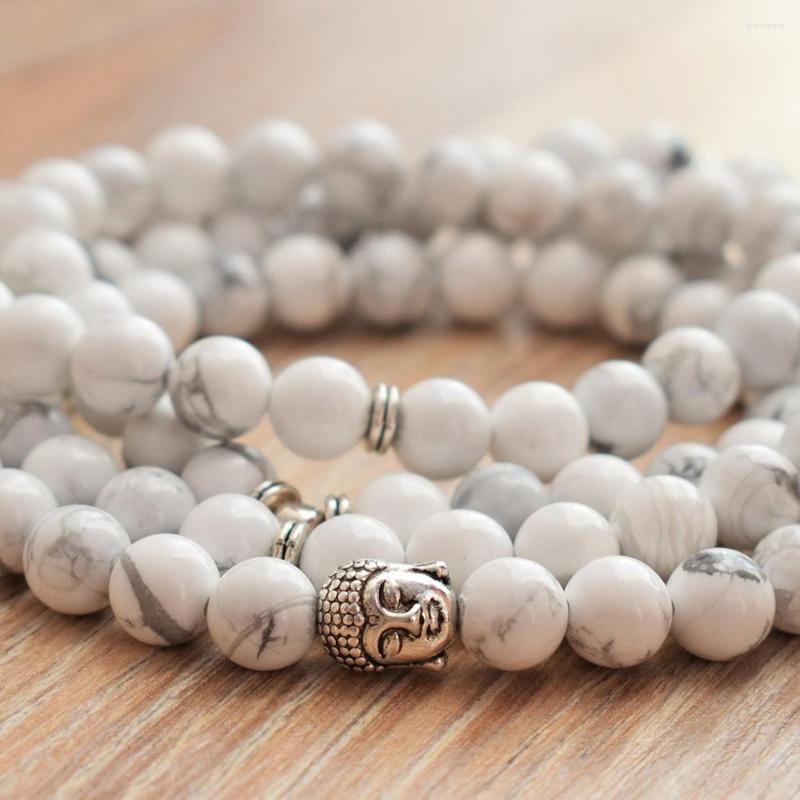

Link Bracelets Wholesale White Howlite Buddha Bracelet Design Natural Stone 108 Mala Yoga Spiritual Balance