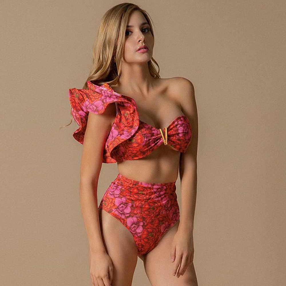 

Swim Wear 2021 New High Waist Bikini Set One Shoulder Swimsuit Print Floral Brazilian Swimming Suit Bathing Suit Summer Beach Wear biquini T221208