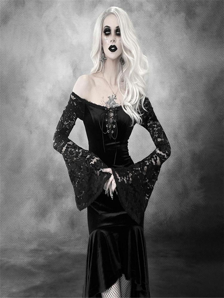 

Casual Dresses Mall Goth Black Sexy Off Shoulder Dress Aesthetic Grunge Punk Lace Up Flare Sleeve Long Ladies Elegant