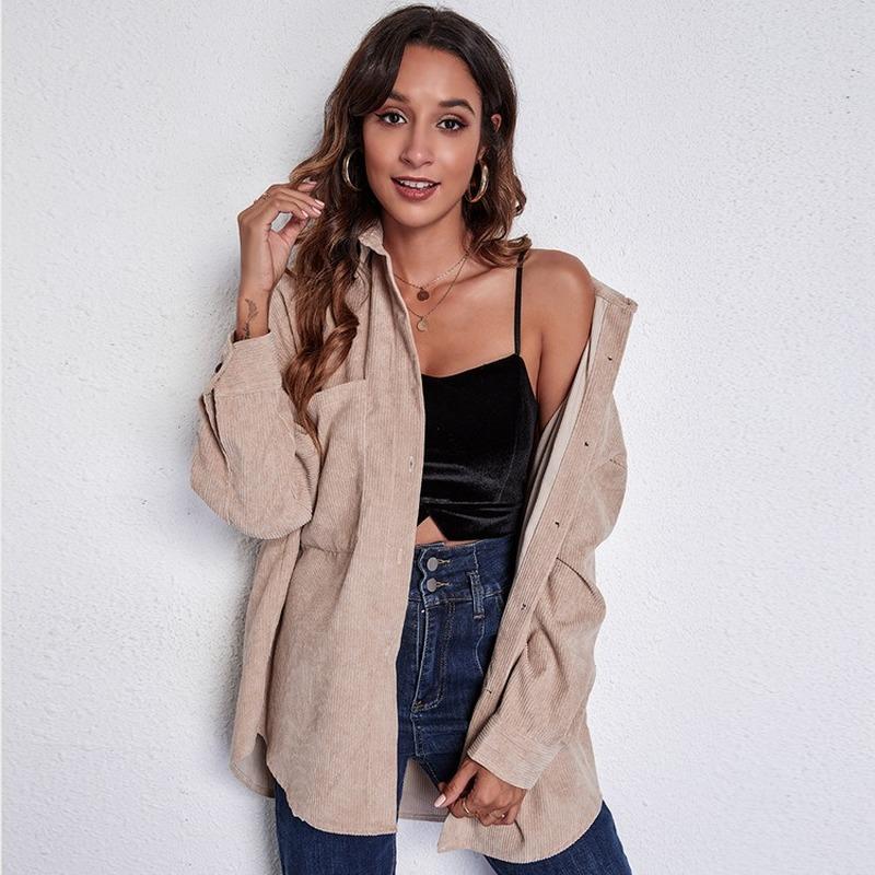 

Women' Blouses & Shirts 2022 Fall/winter Loose Corduroy Shirt Mid-length Stitching Pockets Drop Shoulders Long-sleeved Thin Jacket For Wome, Khaki