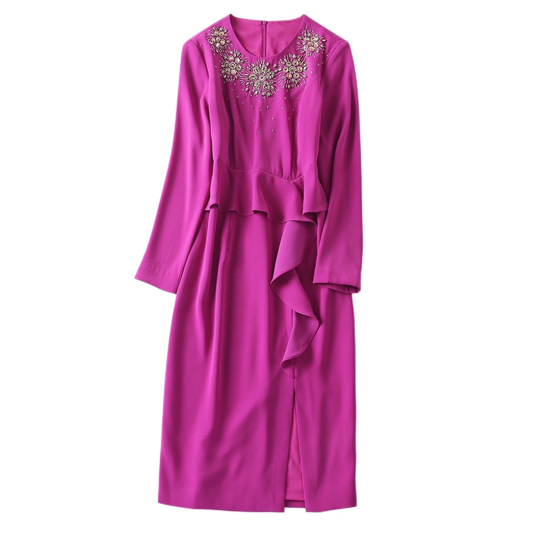 

High end luxury lady temperament round neck heavy work beaded waist show thin fake two piece dress, Customize