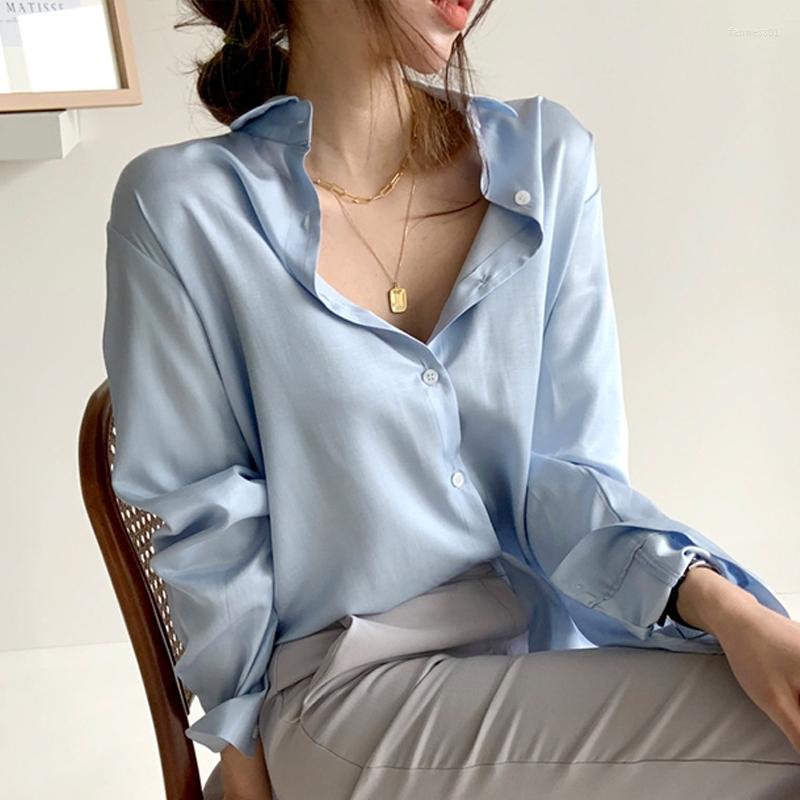 

Women' Blouses Elegant Stain Turn-down Collar Women Shirts OL Style Long Sleeve Single-breasted Female Blouse Top Korean Spring Blusas, Blue