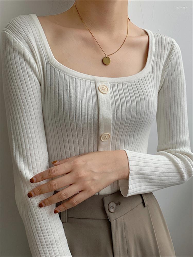 

Women's T Shirts Sqaure Collar Knitted White Women's T-Shirts 2022 Autumn Long Sleeve Bottoming Minimalist Basic Knitwear Tops Female, Black