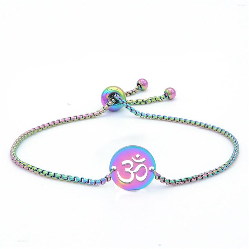 

Link Bracelets Om Bracelet For Men Rainbow Color Stainless Steel Buddhism Hinduism Sanskrit Symbol Hand Chain Religious Style