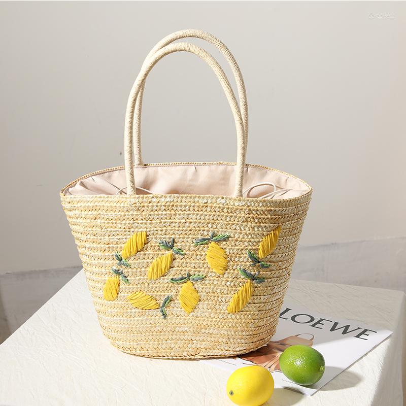

Evening Bags Summer Casual Straw Women Lemon Embroidery Handbag Fashion Handmade Shoulder Vacation Beach Ladies Tote Bag Big Purses, Beige