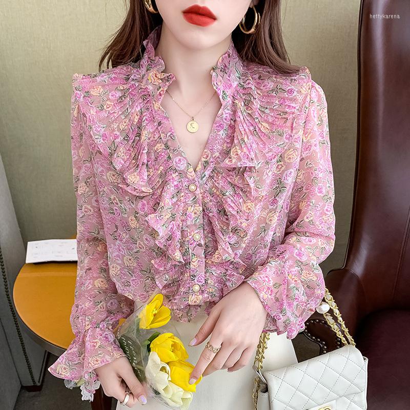 

Women' Blouses Long Sleeve Chiffon Shirt Women 2023 Spring Thin Top Female Clothing Elegant Ruffled Floral Buttons Blouse, Pink
